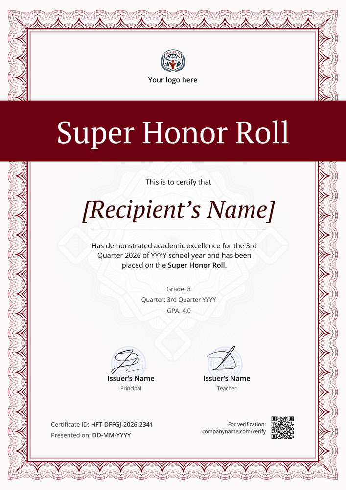Polished Super Honor Roll Certificate Template – Portrait Polished Super Honor Roll Certificate Template – Portrait