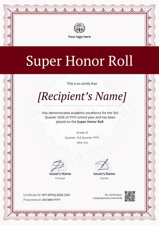 Polished Super Honor Roll Certificate Template – Portrait Polished Super Honor Roll Certificate Template – Portrait