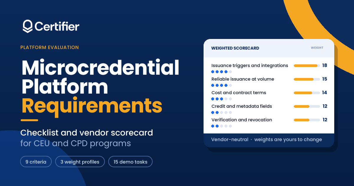 Microcredential Platform Requirements: Checklist & Vendor Scorecard cover image Microcredential Platform Requirements: Checklist & Vendor Scorecard cover image