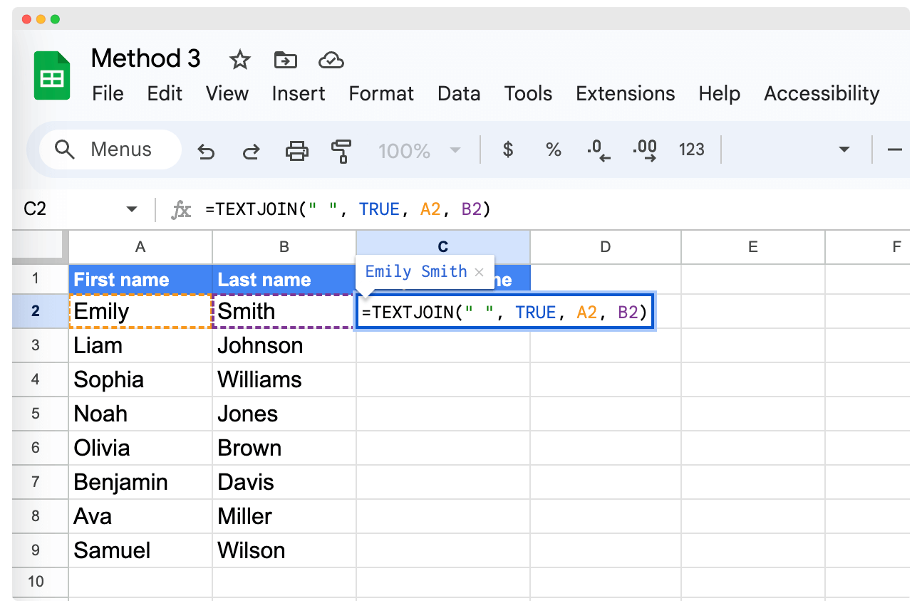 How to Combine First and Last Name in Google Sheets