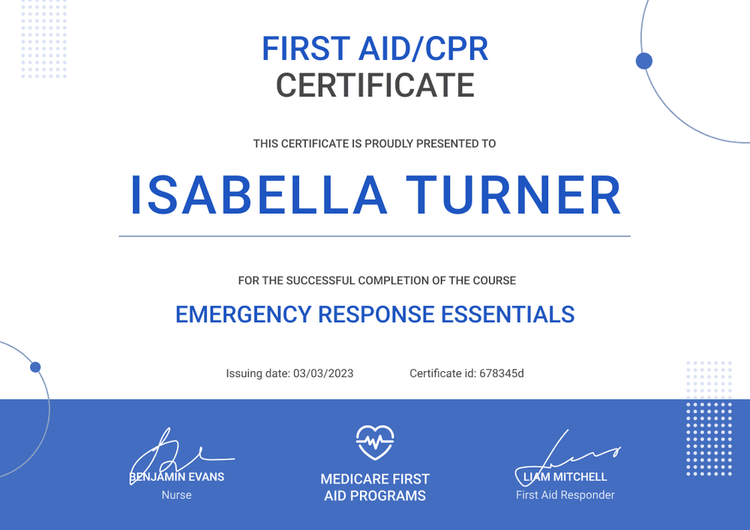 Professional and minimalistic firstaid and CPR certificate template