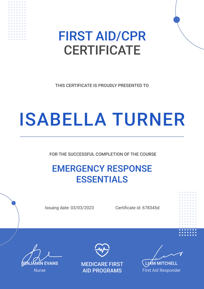 Professional and minimalistic firstaid and CPR certificate template