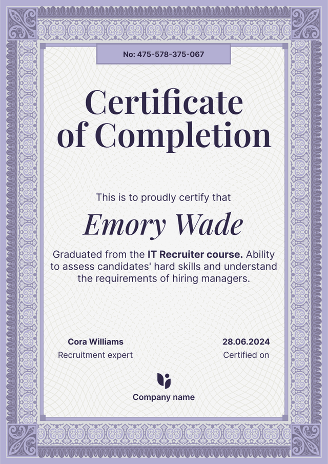 Rich and formal training completion certificate template
