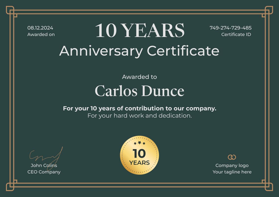 Work Anniversary Certificate Templates Free to Edit