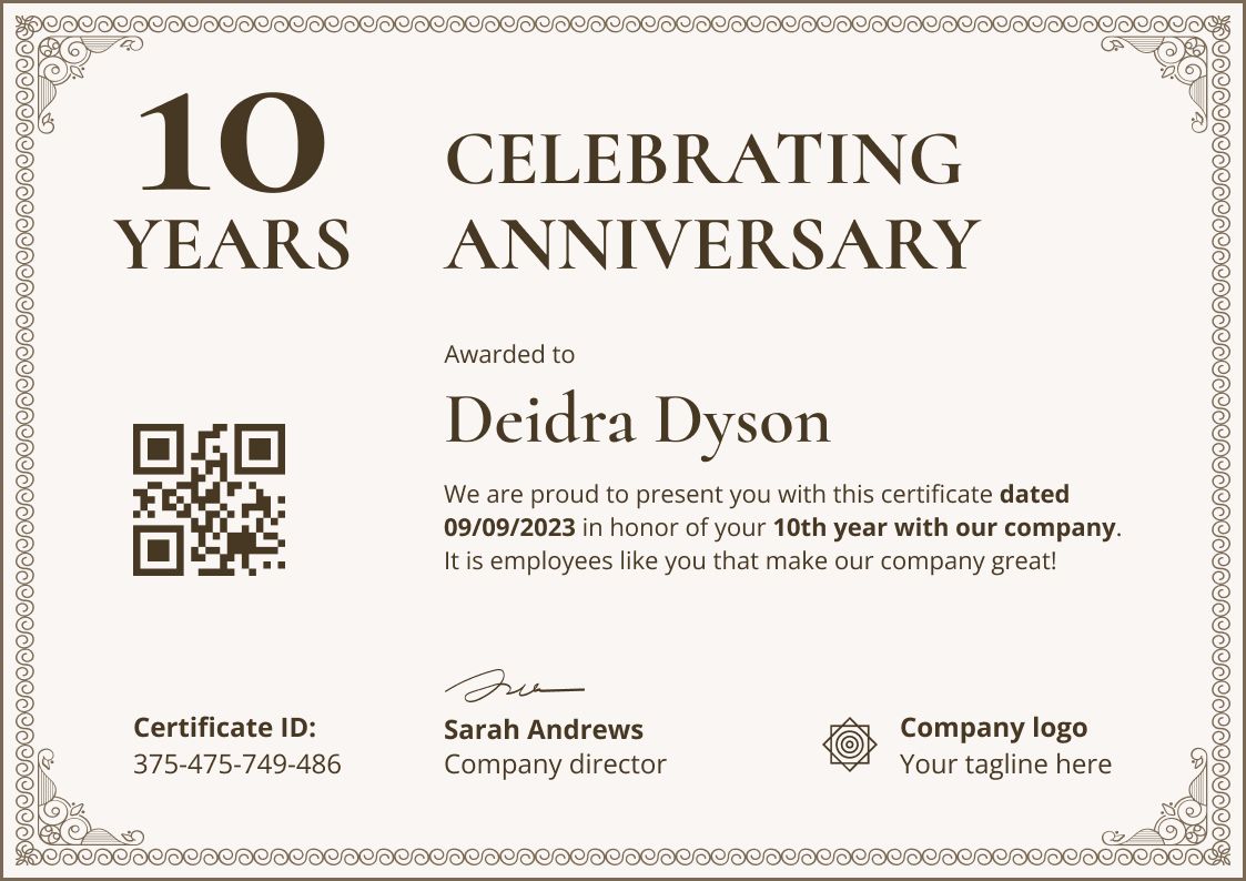 Work Anniversary Certificate Templates Free to Edit