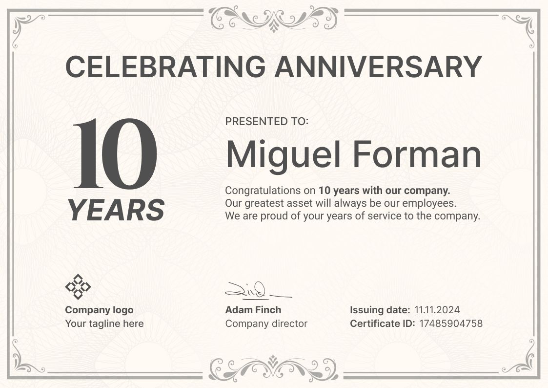 Work Anniversary Certificate Templates Free to Edit