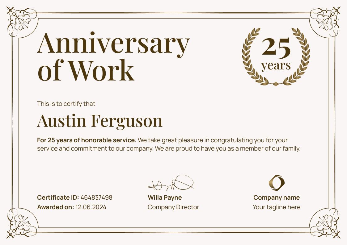 Work Anniversary Certificate Templates Free to Edit