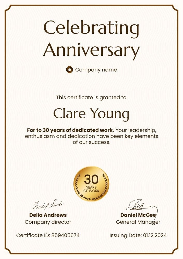Formal and editable work anniversary certificate template