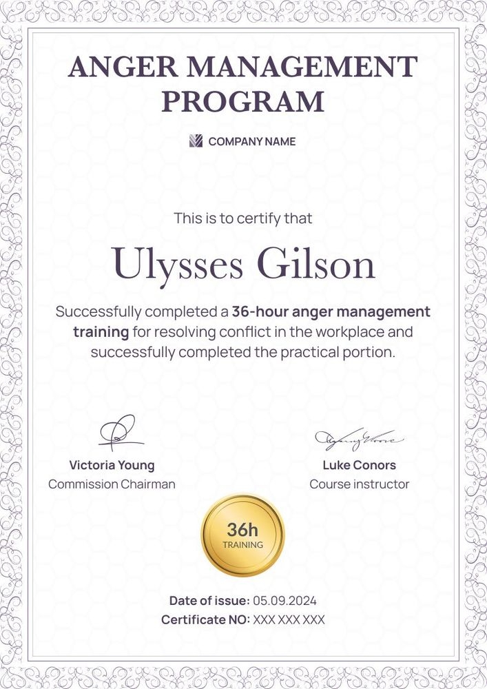 Formal and framed anger management certificate template