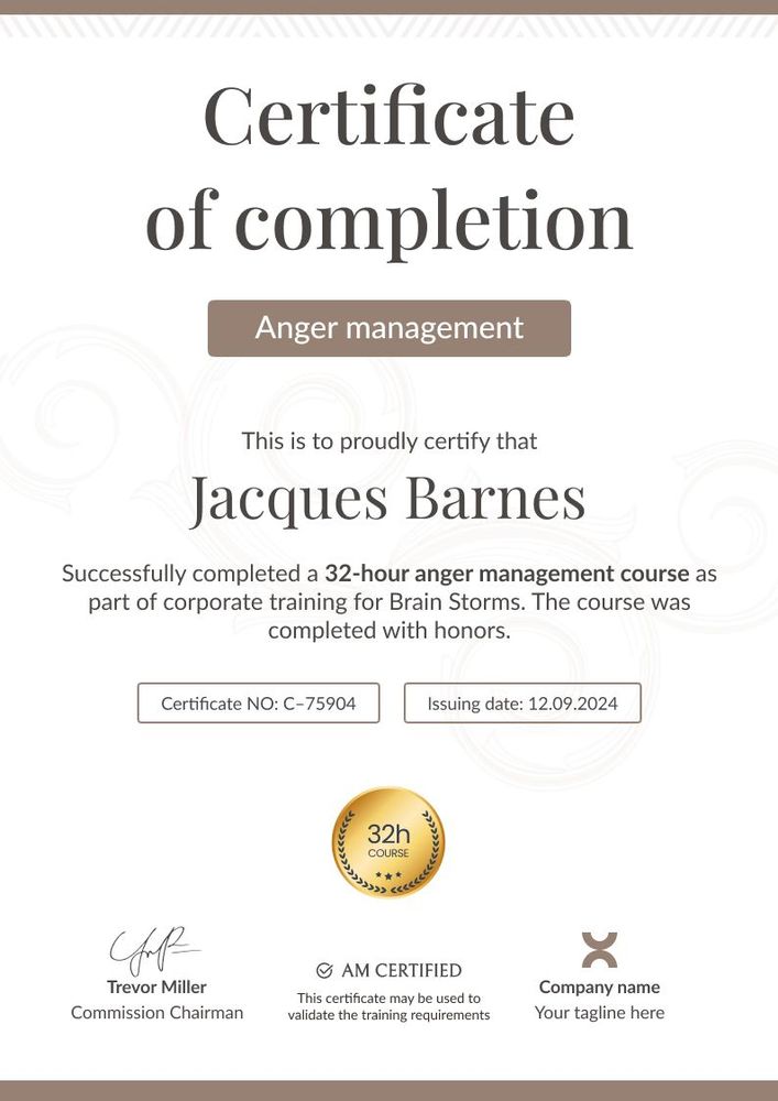 Subtle and formal anger management certificate template