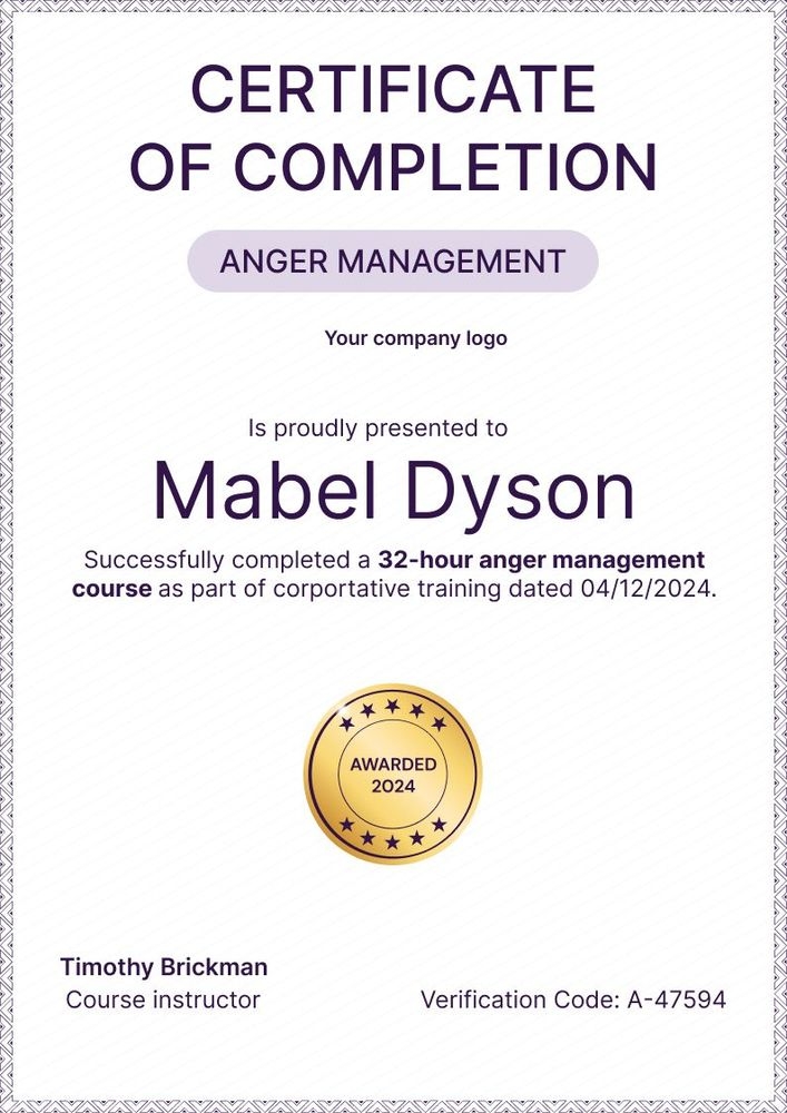Formal and gentle anger management certificate template