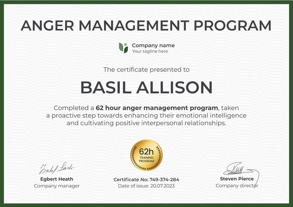 Plain and professional anger management certificate template