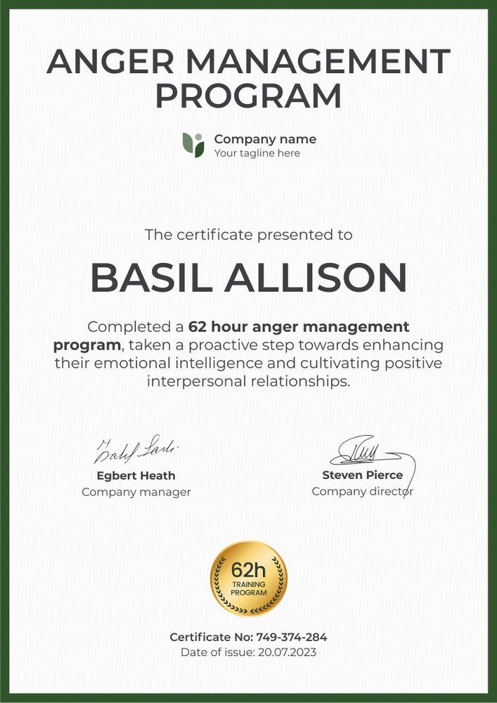 Plain and professional anger management certificate template