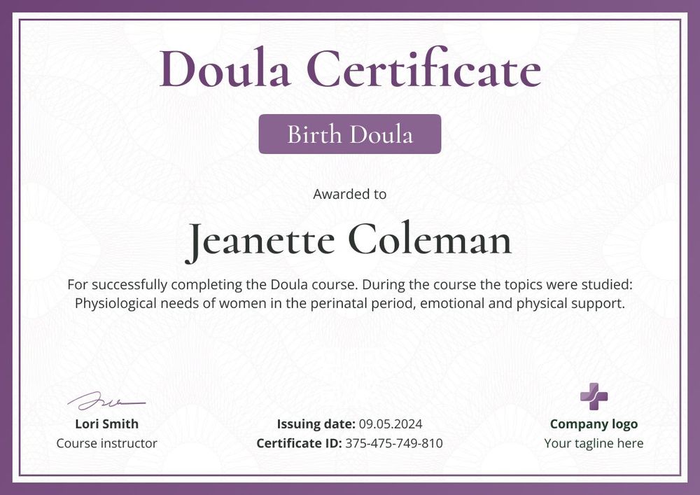 Chic And Professional Doula Certificate Template