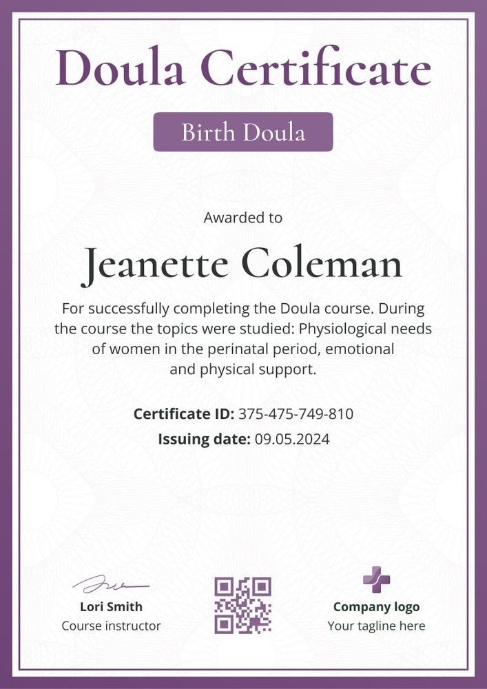 Chic And Professional Doula Certificate Template