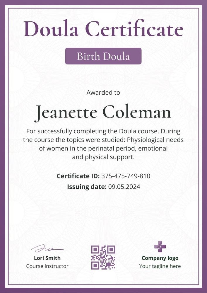 Chic And Professional Doula Certificate Template