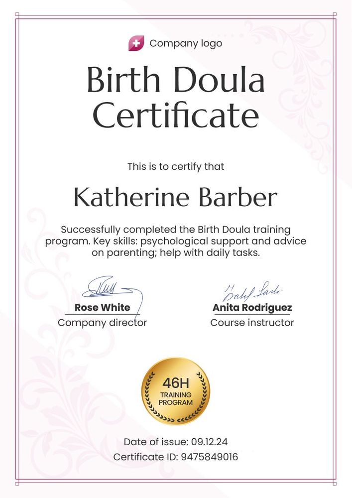 Editable and professional doula certificate template