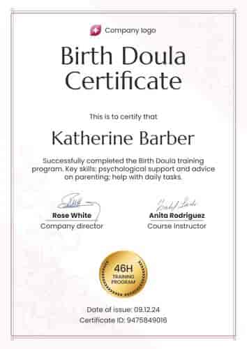 Editable And Professional Doula Certificate Template