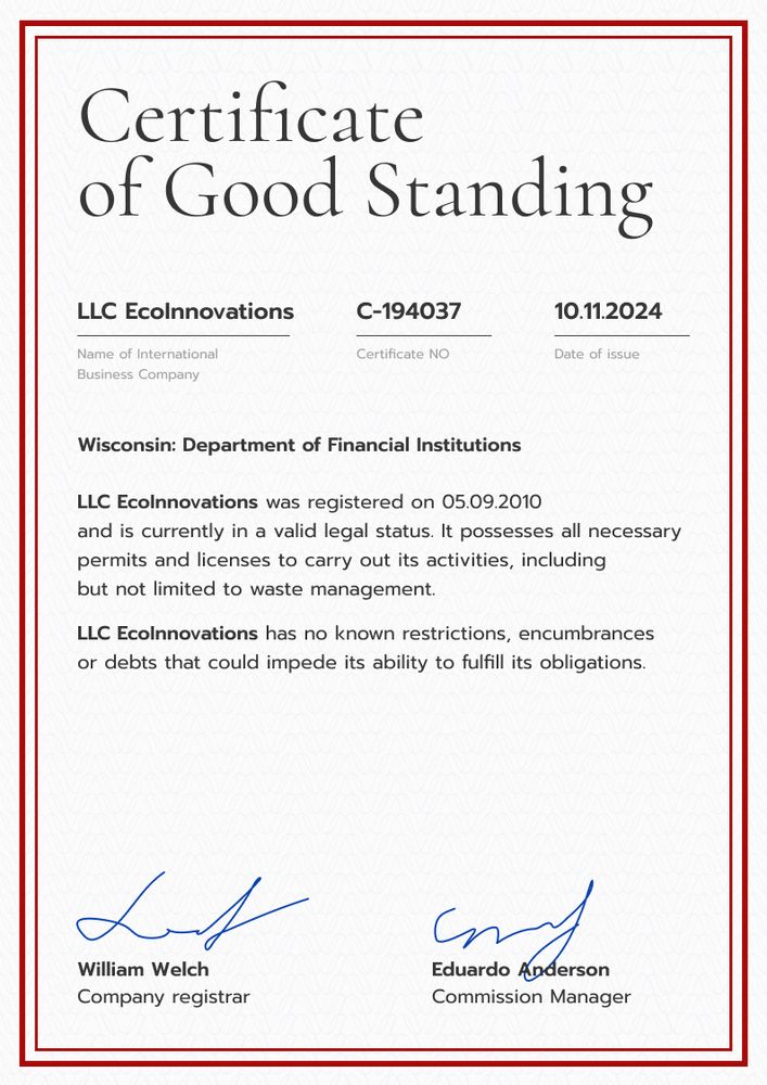 Validated and professional certificate of good standing template