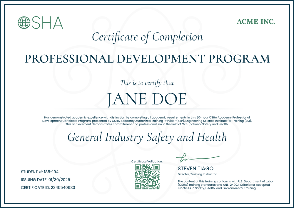 Clean and professional OSHA 30 certificate template