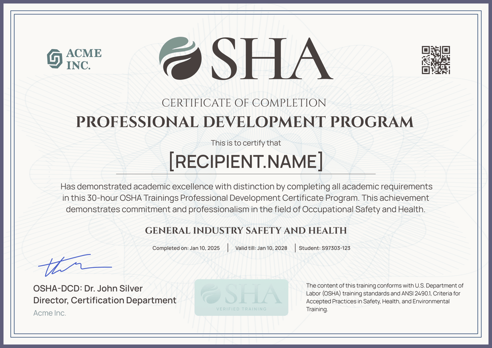 Consistent and professional OSHA 30/10 certificate template