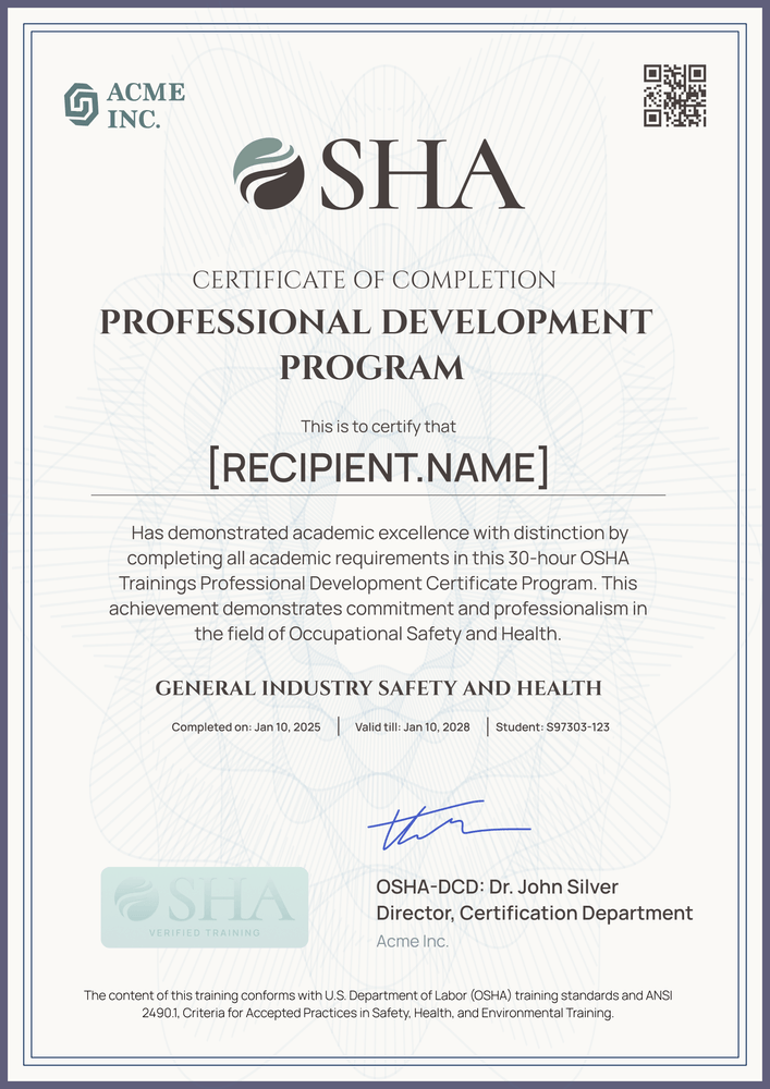 Consistent and professional OSHA 30/10 certificate template