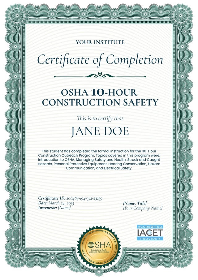 Formal and professional OSHA 30 certificate template