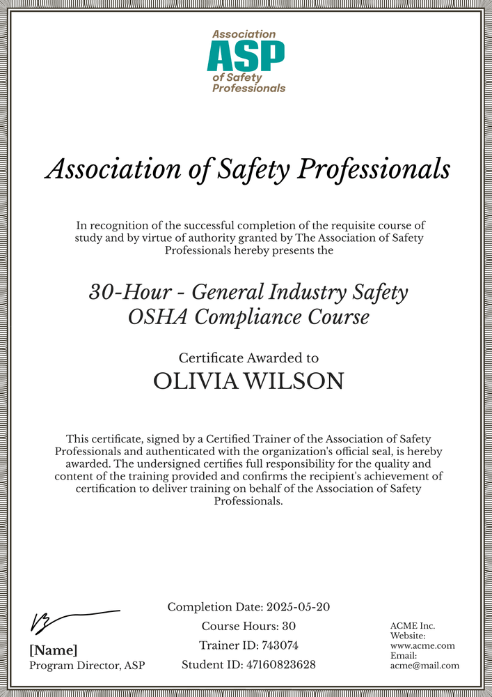 Efficient and professional OSHA 30 certificate template