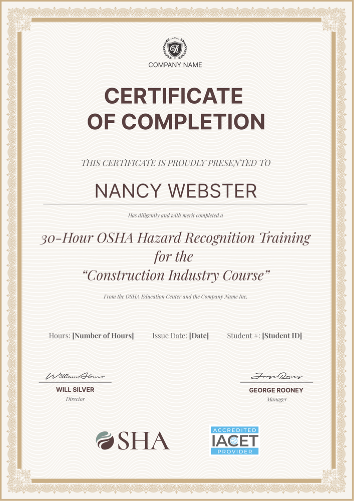 Simple and professional OSHA 30 certificate template