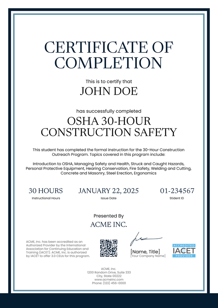 Detailed and professional OSHA 30 certificate template