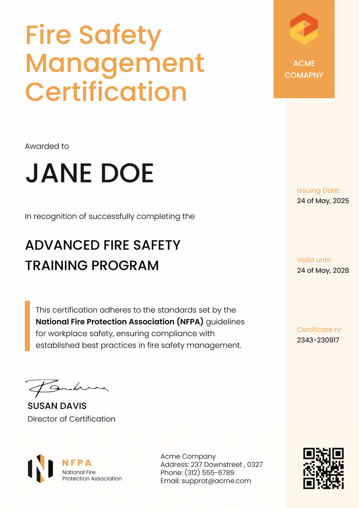 Fire Code Certification Professional and modern fire safety certificate template