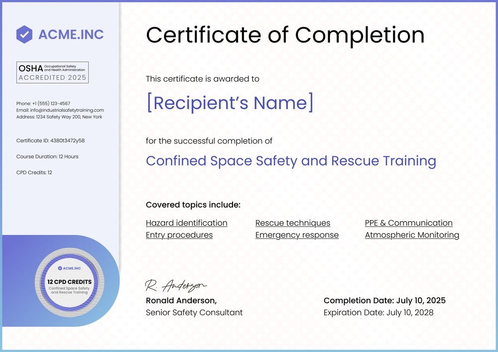 Informative and professional confined space training certificate template Informative and professional confined space training certificate template