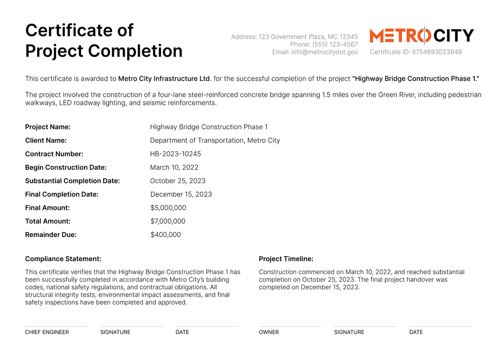 Professional and reliable construction completion certificate template