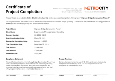Construction Completion Certificate Templates - Free to Edit Online