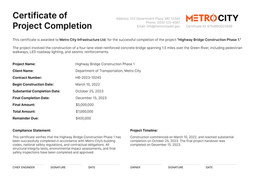 Construction Completion Certificate Templates - Free to Edit Online