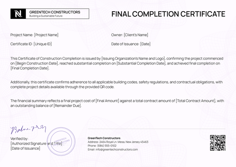 Functional and professional construction completion certificate template