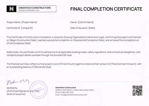 Construction Completion Certificate Templates - Free to Edit Online