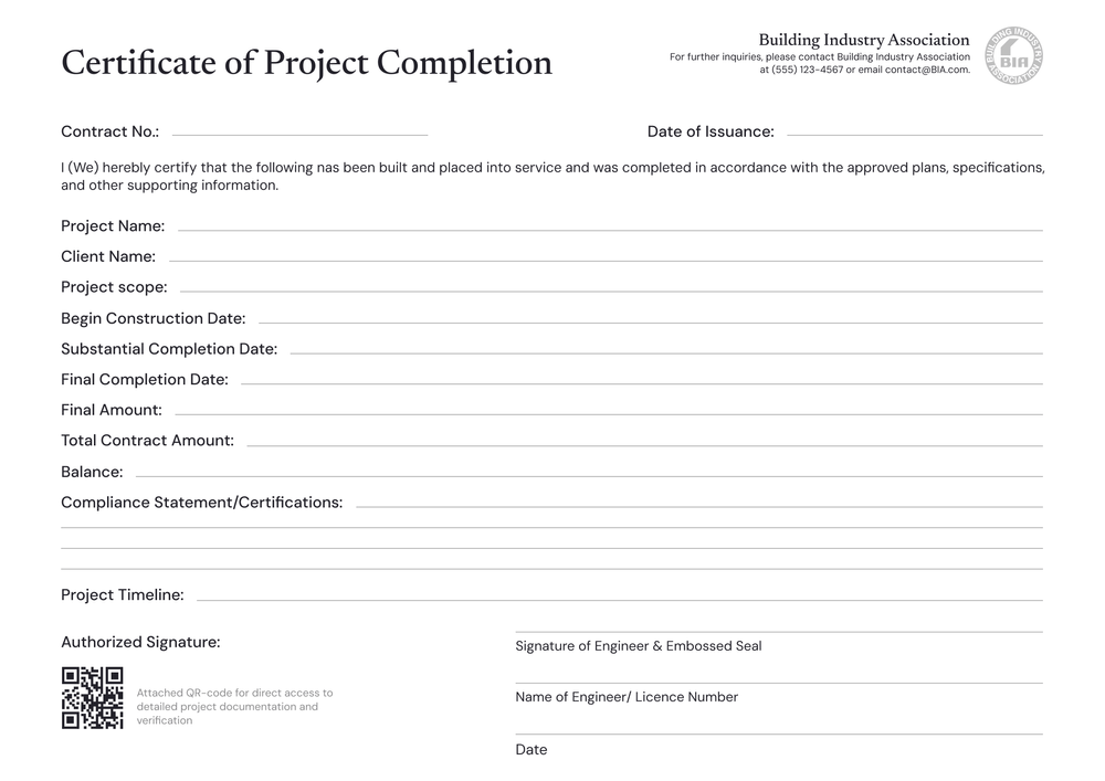 Clean and professional construction completion certificate template