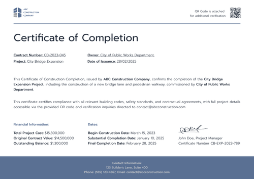 Construction Completion Certificate Templates - Free to Edit Online