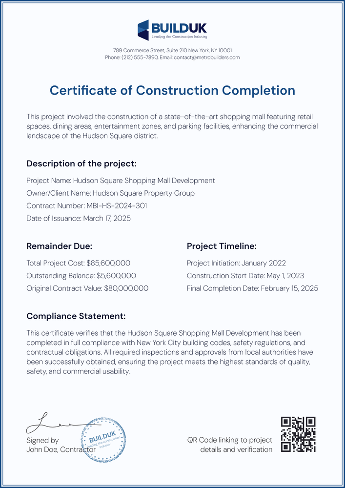 Professional and minimalist construction completion certificate template