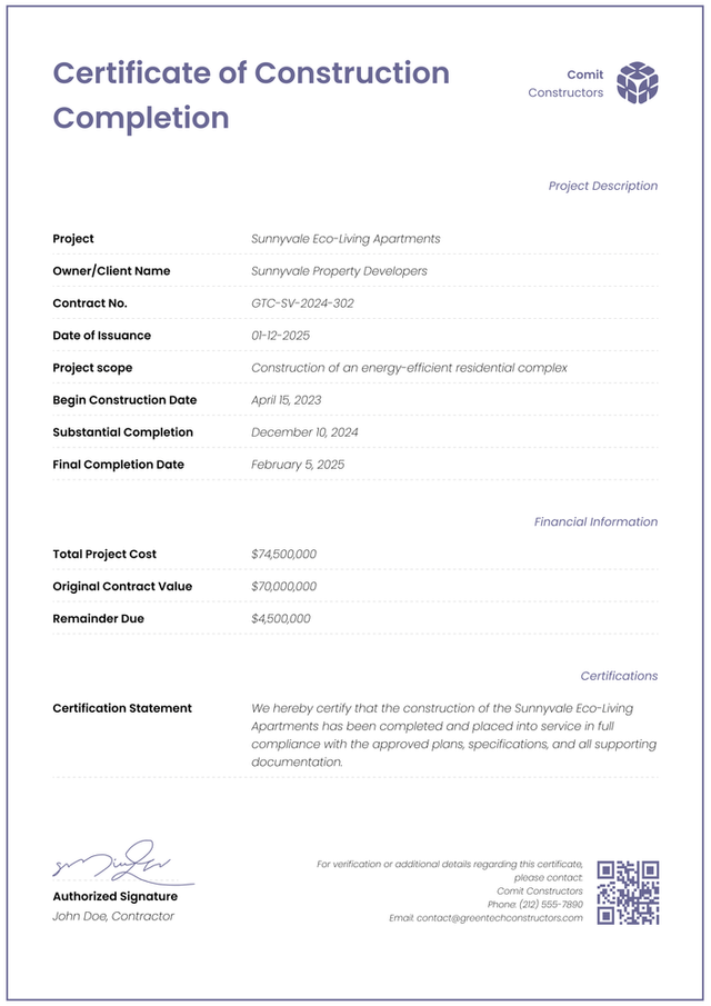 Professional and contemporary construction completion certificate template
