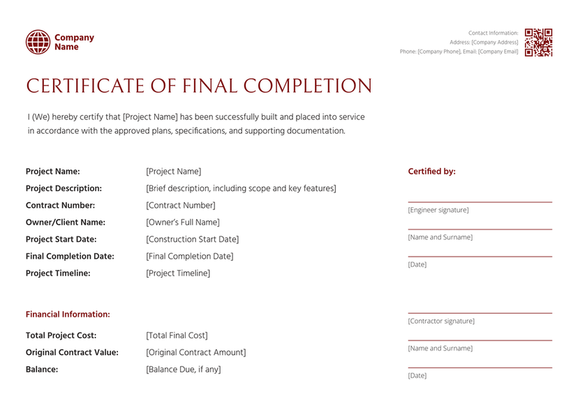 Professional and simple construction completion certificate template
