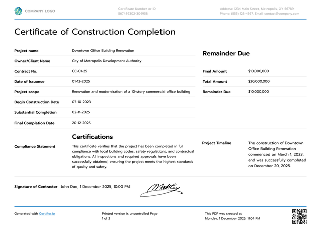Professional and complex construction completion certificate template