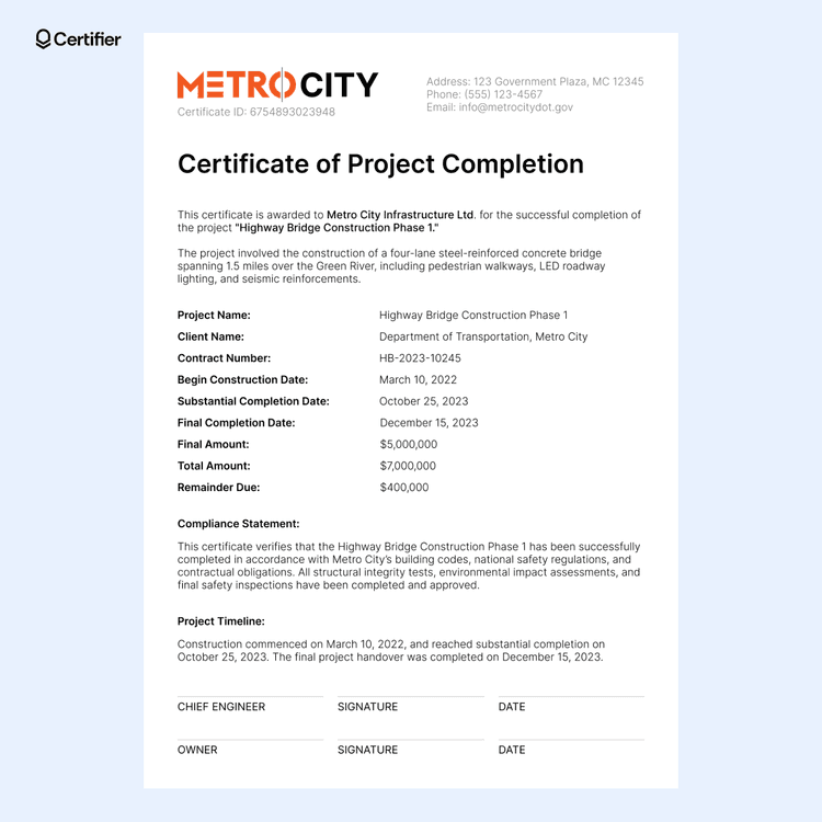 15 Construction Completion Certificate Templates