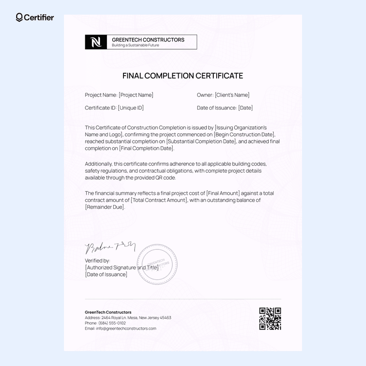 15 Construction Completion Certificate Templates