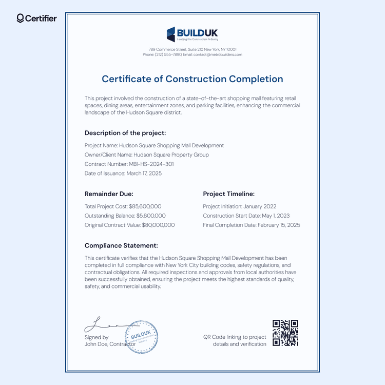 Image 7 for Certificate Of Completion Construction Templates