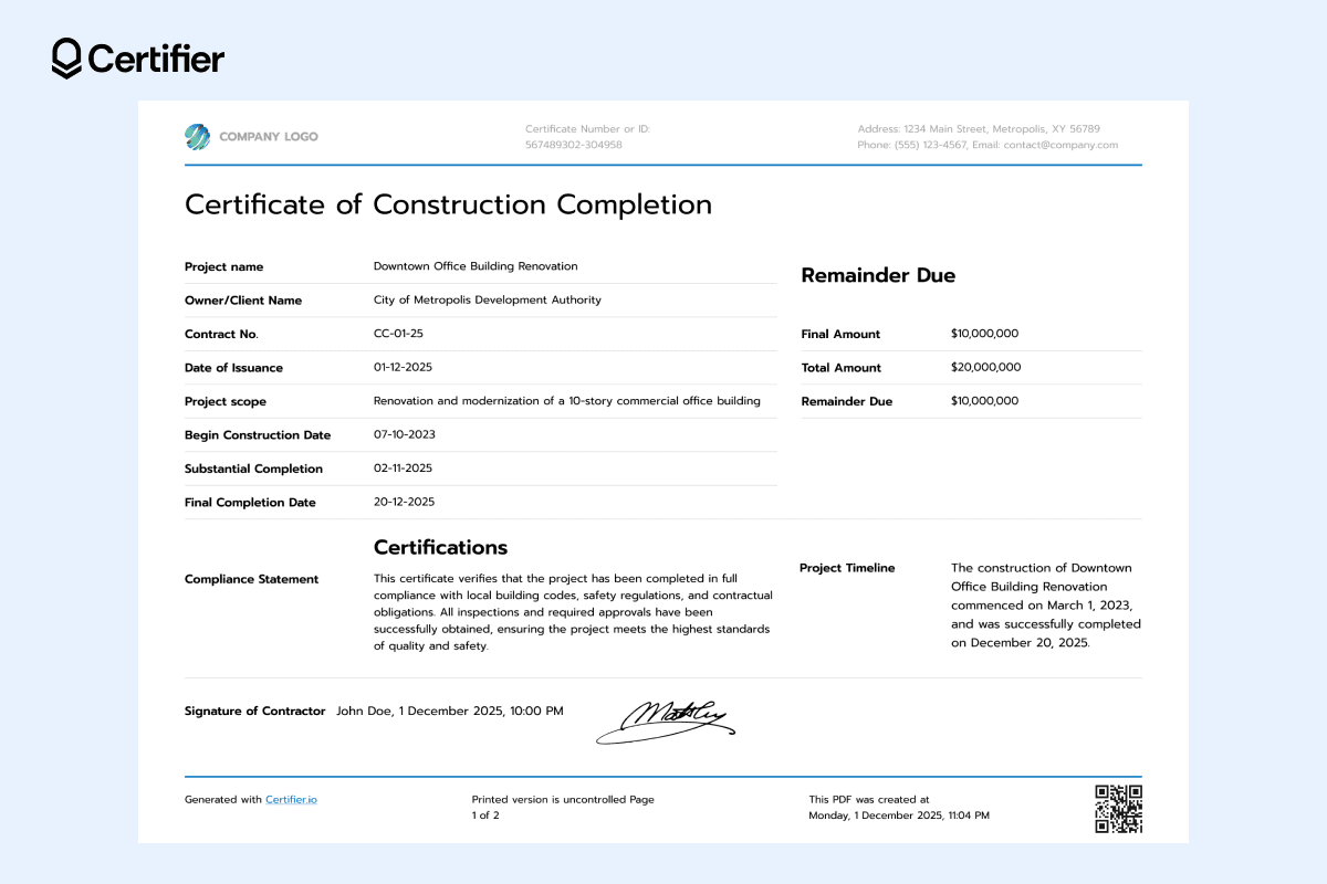 15 Construction Completion Certificate Templates