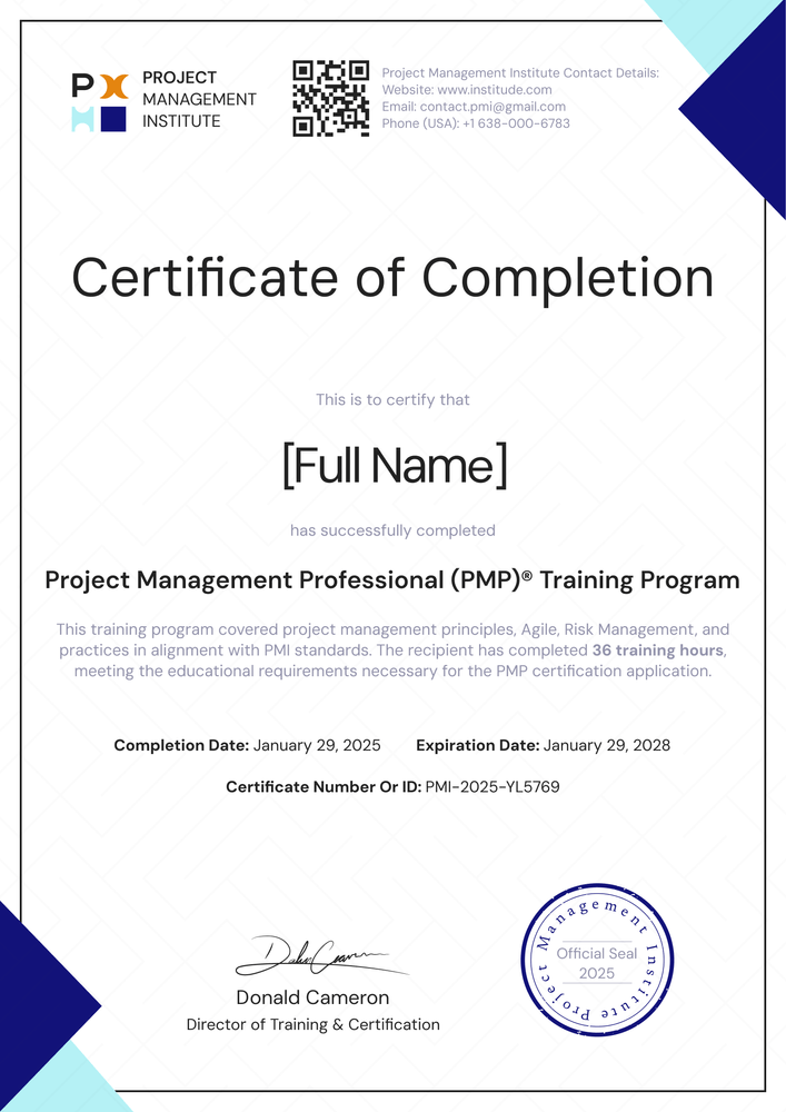 Professional and consistent PMP certificate template