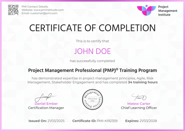Professional and bright PMP certificate template