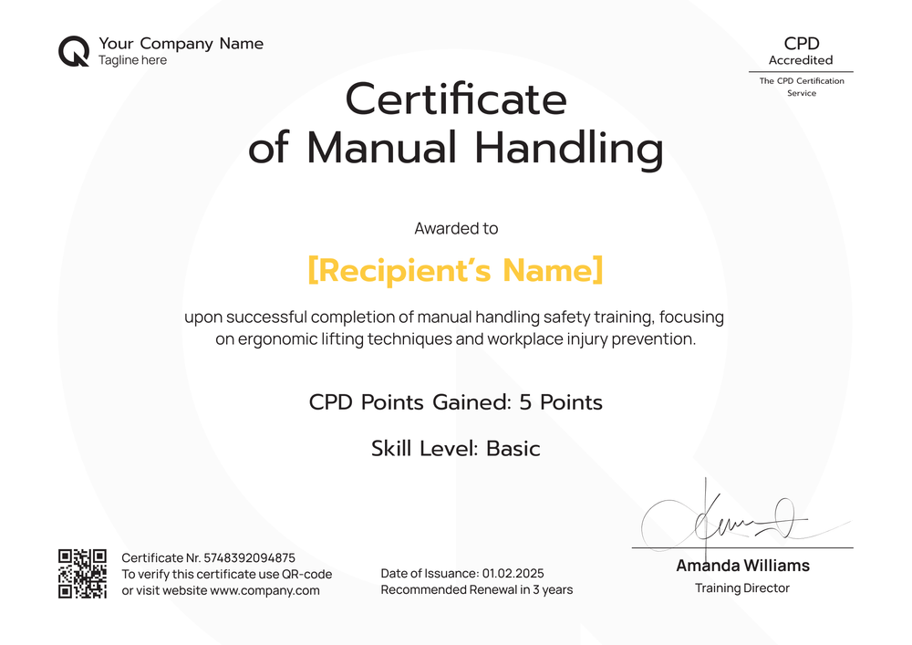 Professional and sharp manual handling certificate template